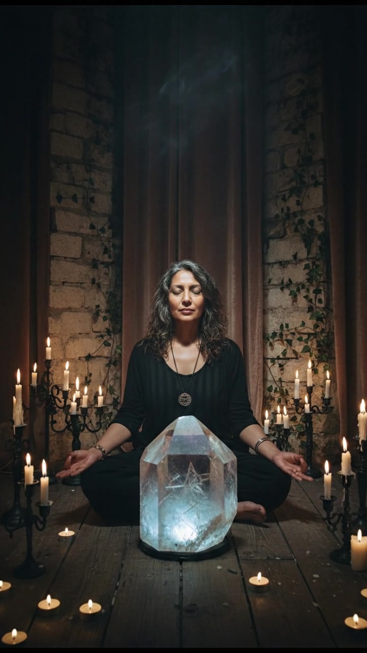 Asha sitting cross-legged, meditating with Fenster Quartz placed in front, surrounded by candles.