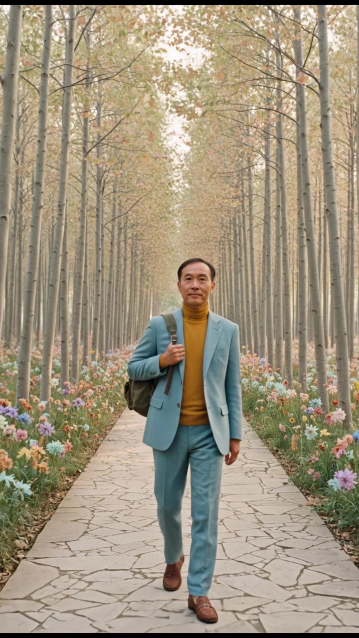 Hiro walking softly through a serene forest path, surrounded by tall trees.