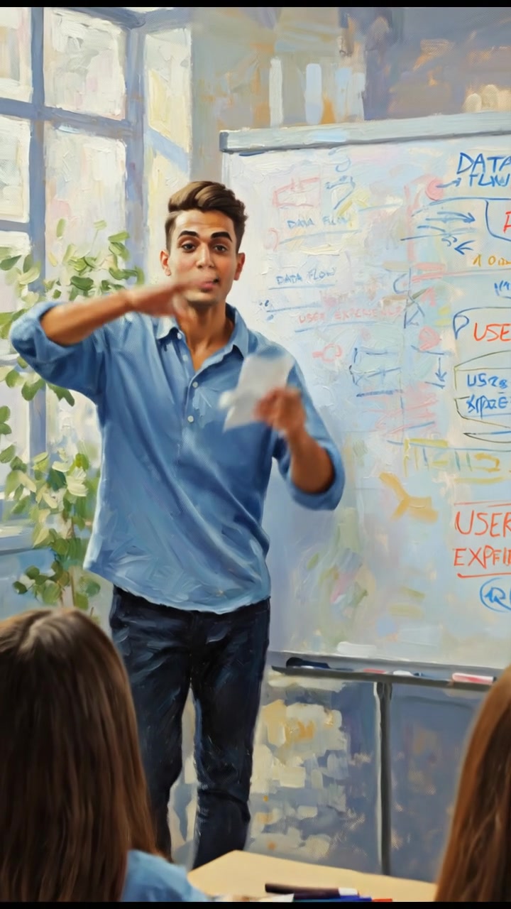 Amir leans against a whiteboard, passionately explaining, using notes and drawings to illustrate his points.