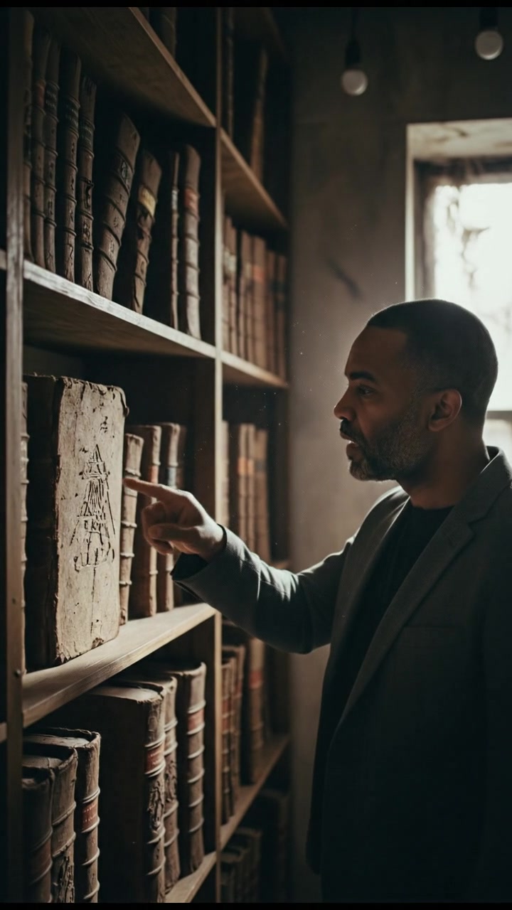 The Kwame standing in a dimly lit library, pointing to ancient books on a shelf.