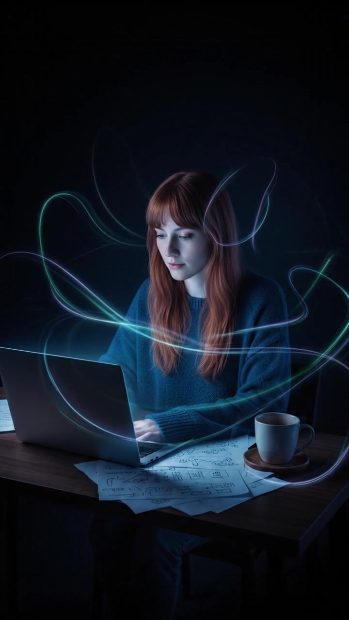 Emma sitting at a desk with a laptop open, surrounded by coding notes and a coffee cup.