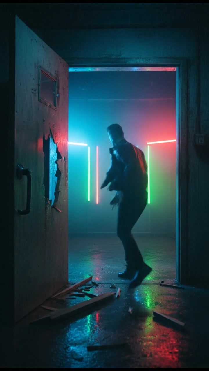 Arjun kicking the door in as it splinters, revealing the dark interior.