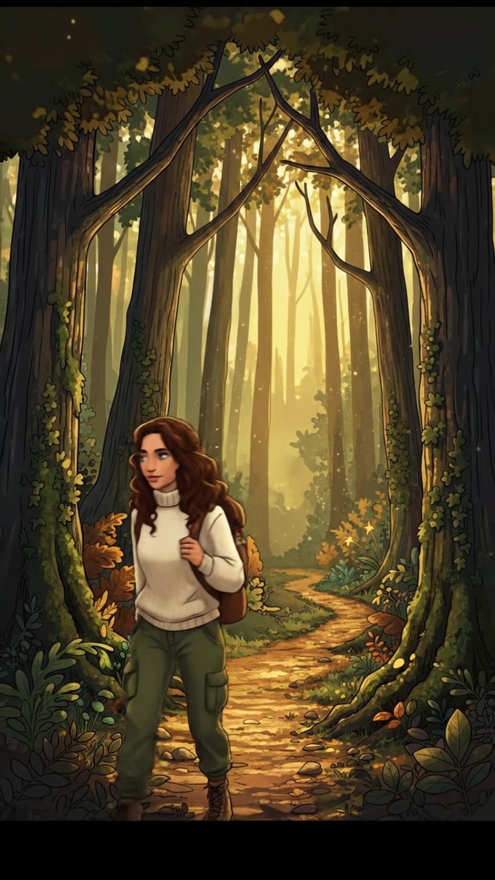 Maya walking through a dense forest, surrounded by tall trees and dappled sunlight filtering through the leaves.