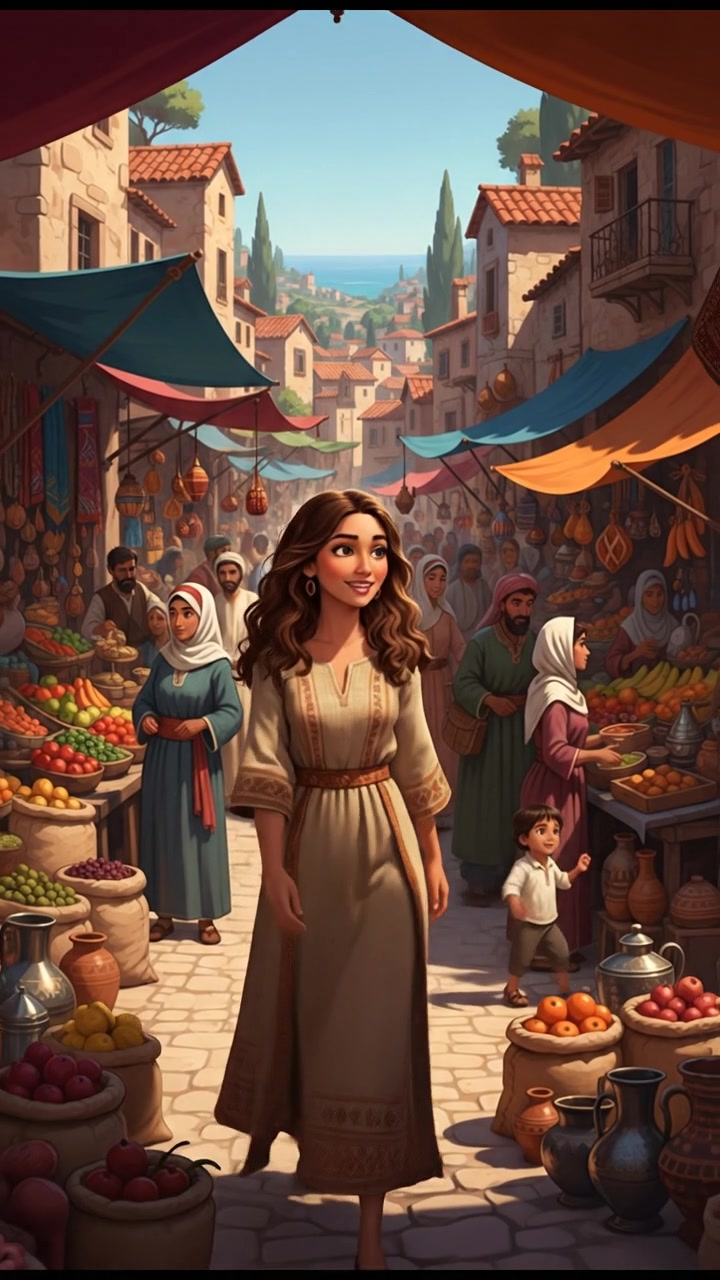Maya walking through a bustling village marketplace, surrounded by colorful stalls and shoppers.