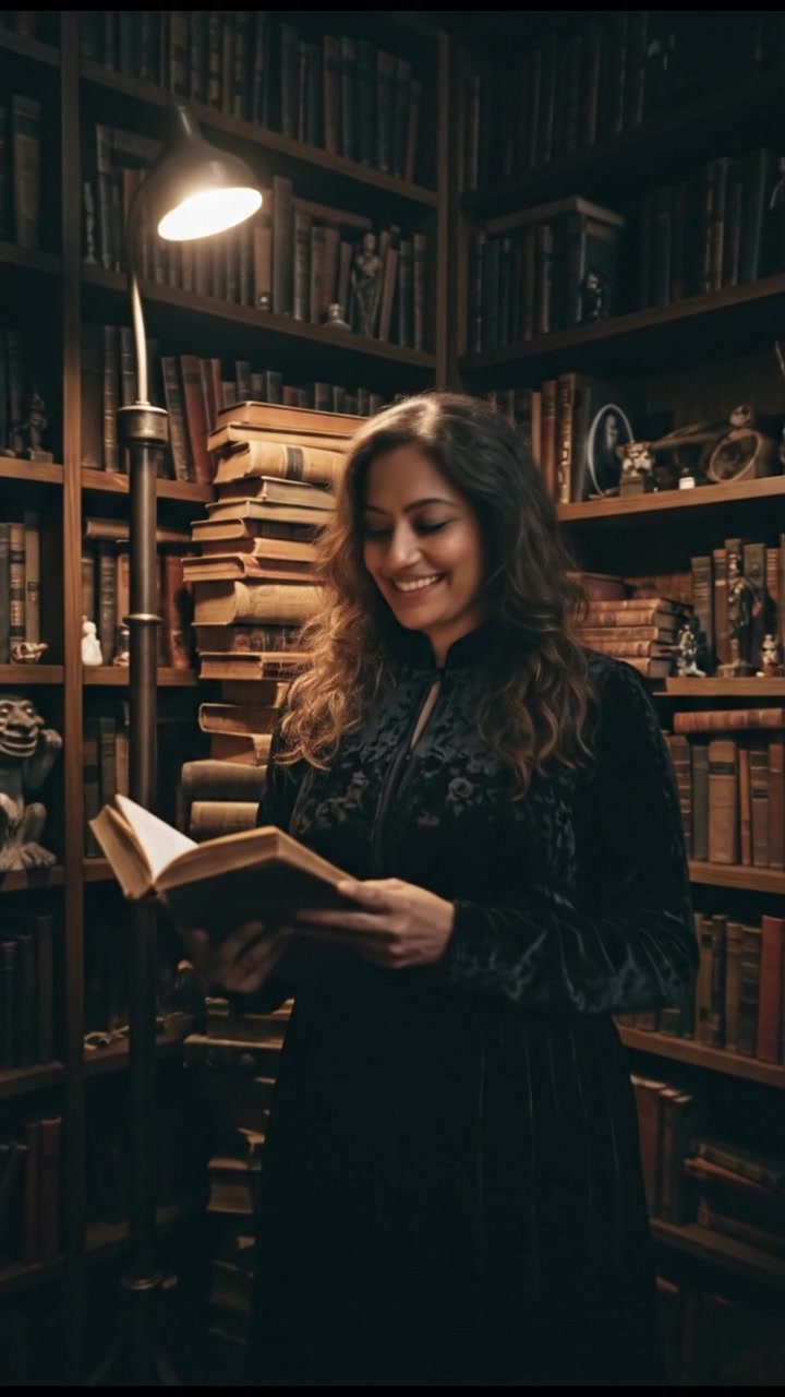 The Asha stands in a cozy room filled with bookshelves, holding a book and smiling at the camera.