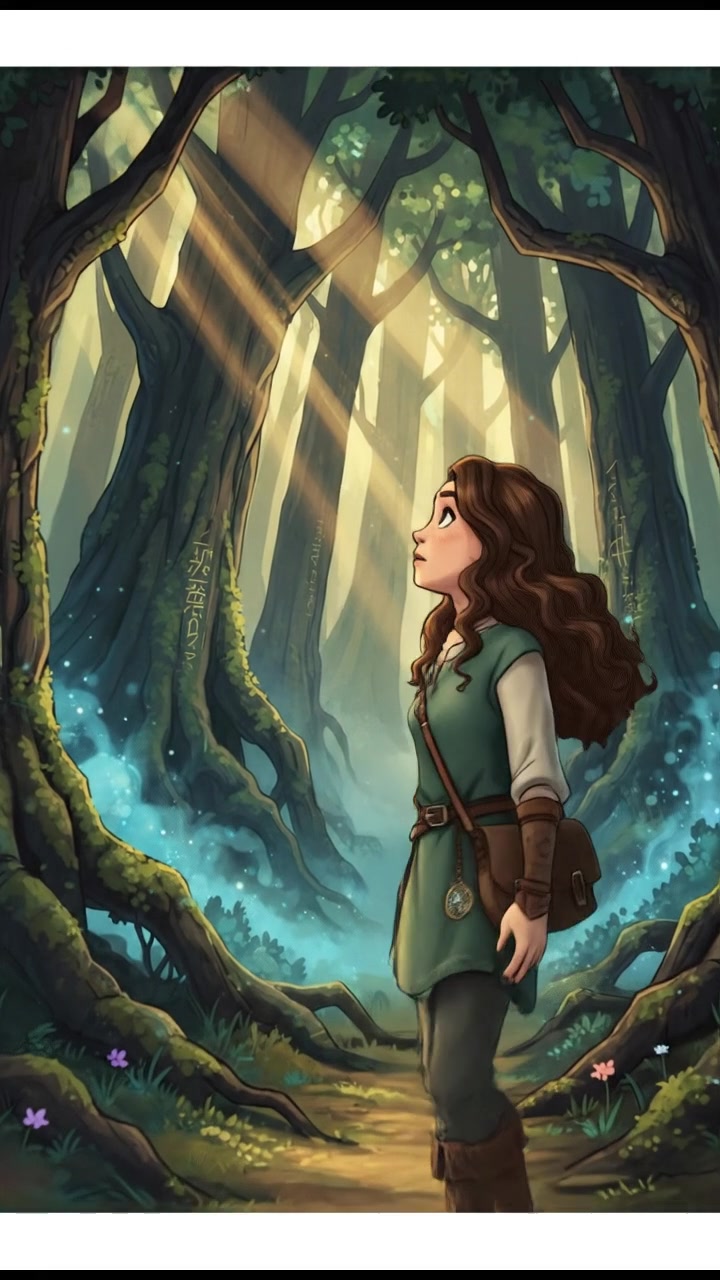 Maya standing at the edge of an ancient forest, looking curiously at the trees.