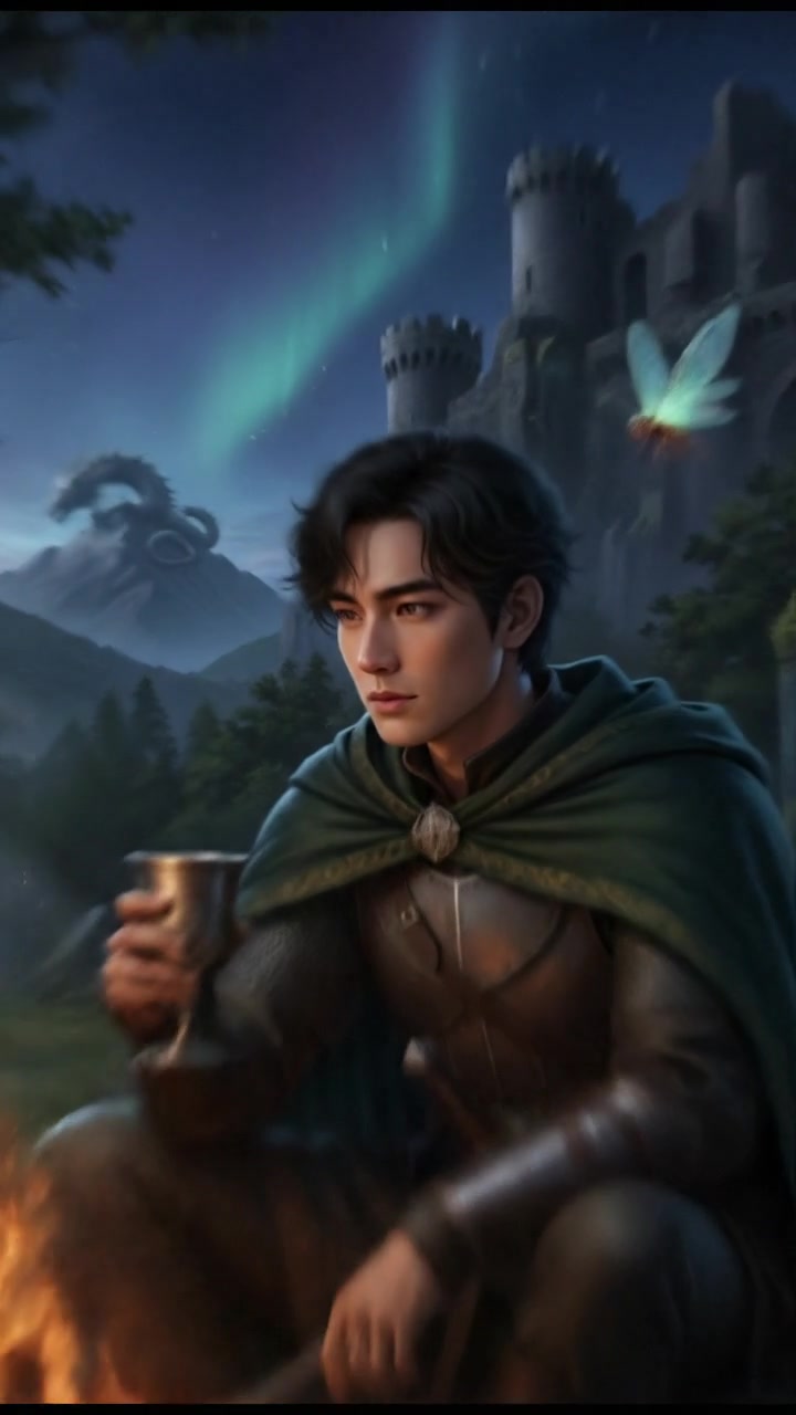 A character, Ken, sitting by a campfire at night, looking thoughtfully into the flames.