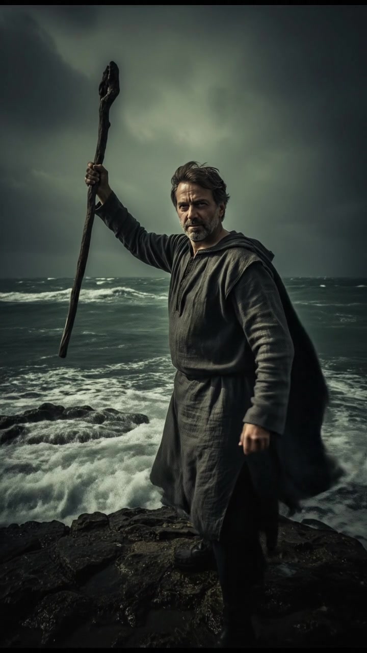 Omar stands on the shore, holding his staff high, looking determined against a backdrop of turbulent waves.