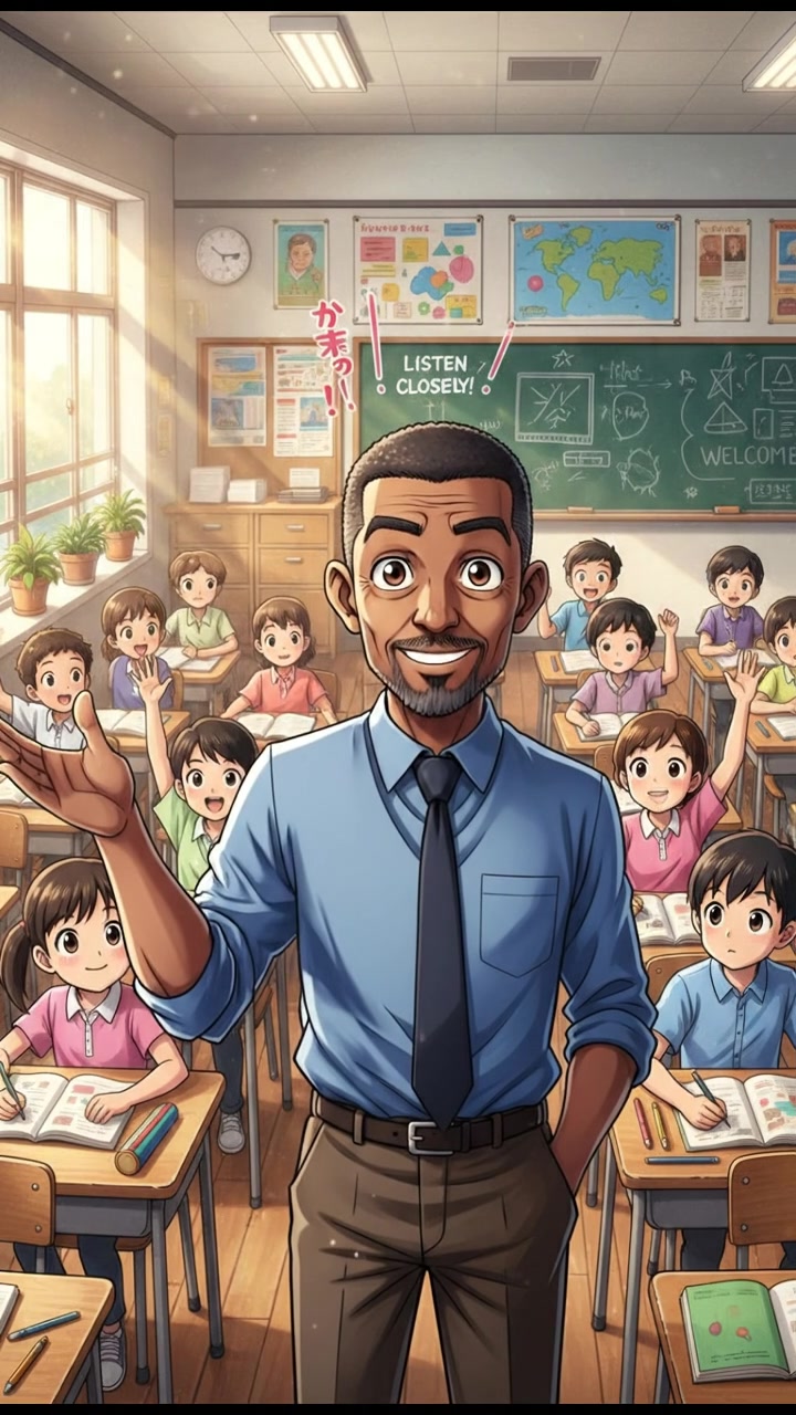 Kwame stands in front of a school classroom, raising his hand with a confident expression as he gives instructions.