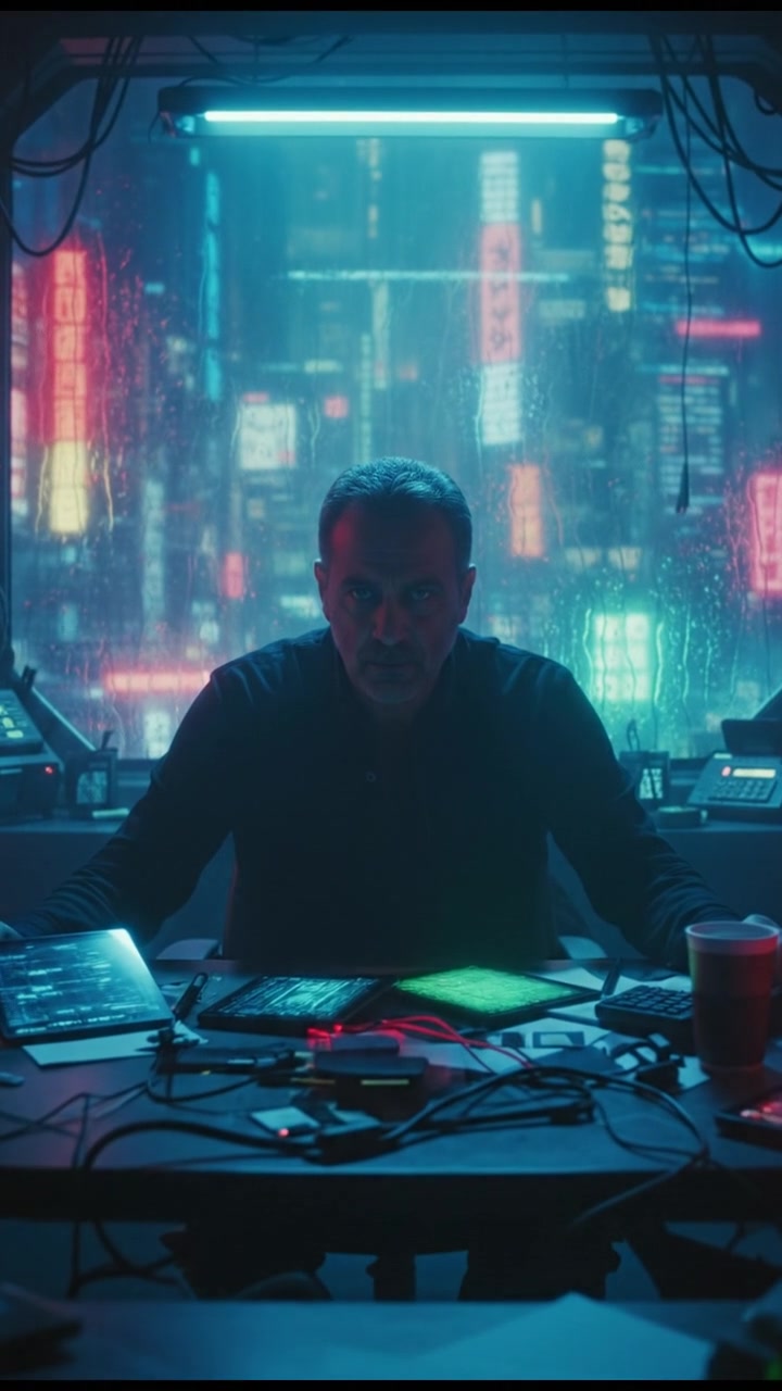 A dimly lit office with papers scattered around, Omar sitting hunched over the desk, eyes tired.