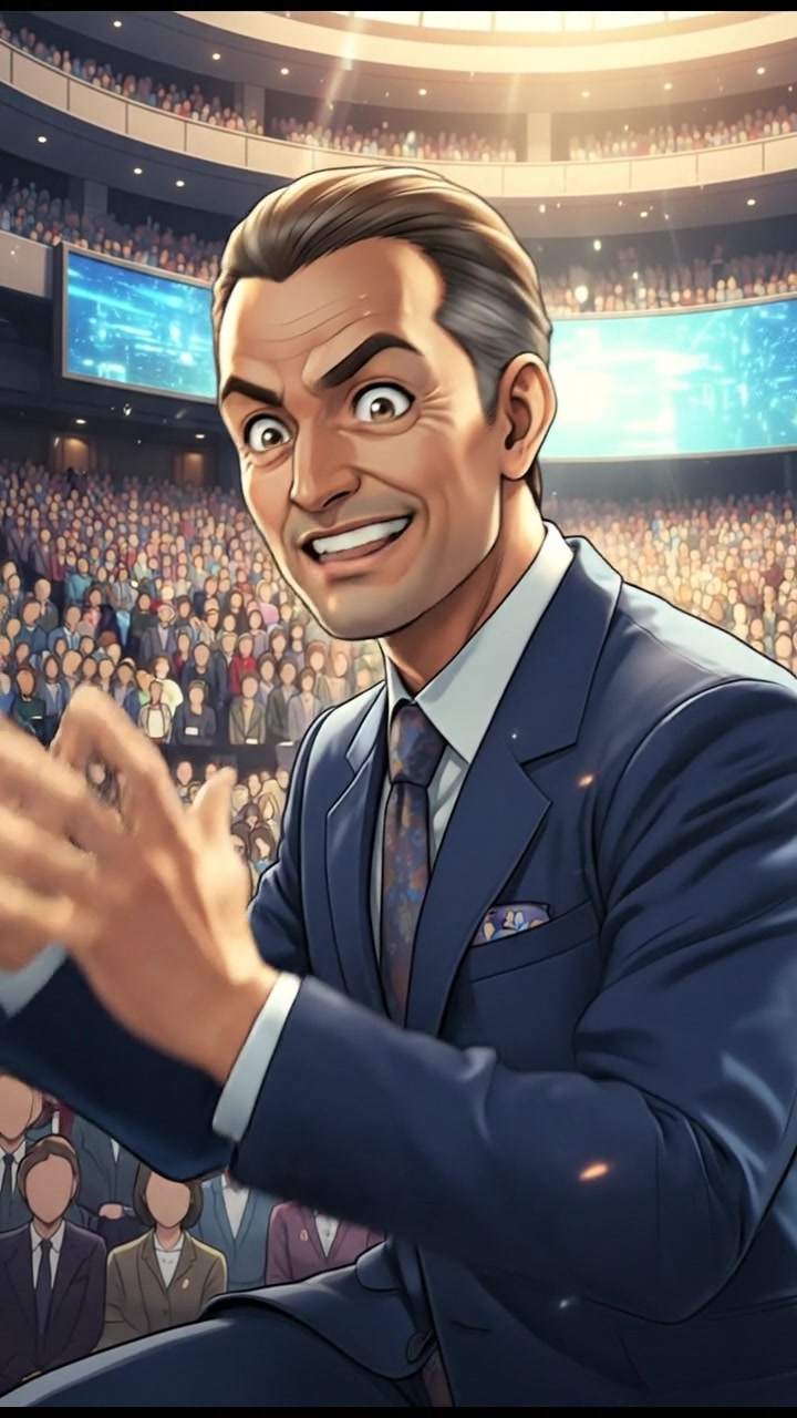 A close-up of the Omar gesturing passionately while standing in front of a large audience in a conference hall.