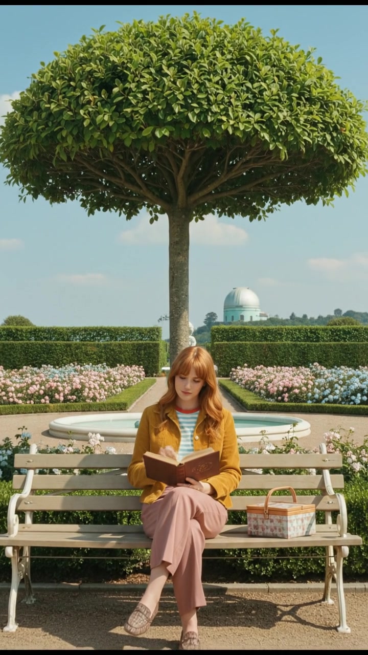 Emma sitting on a park bench under a tree, looking at a book with a thoughtful expression.