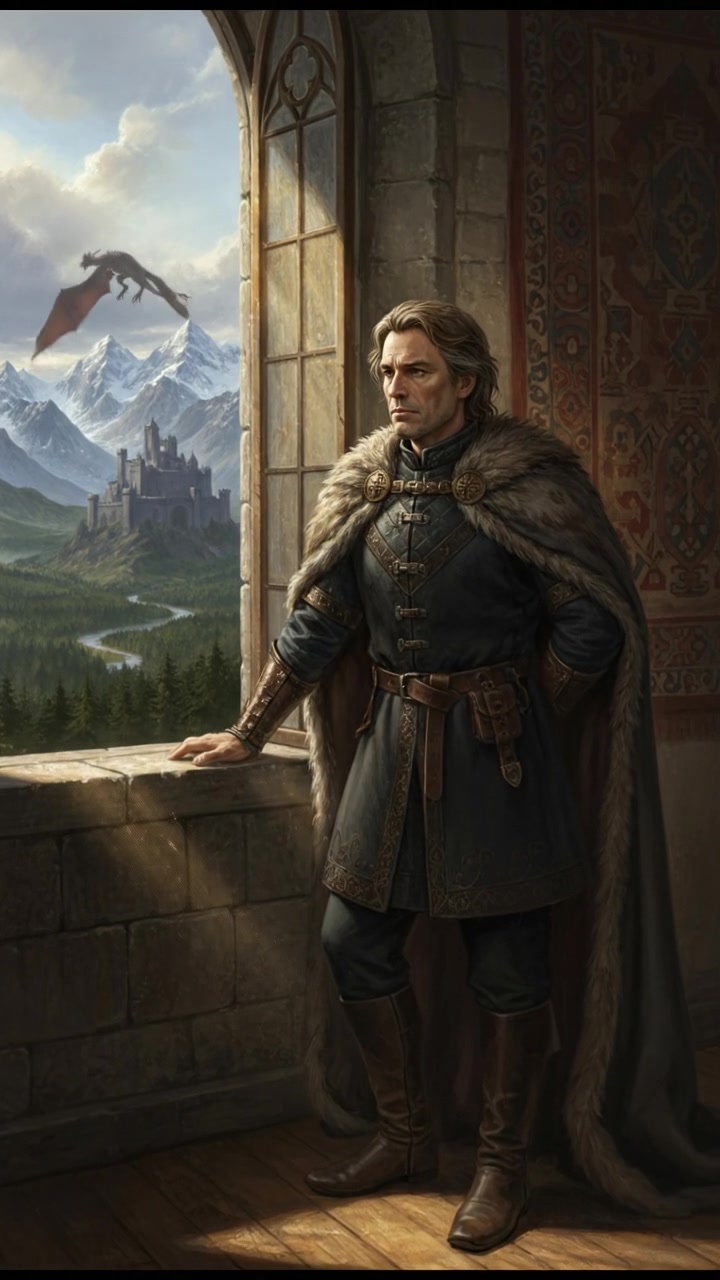 Mark standing by a window, gazing outside with a serious expression, as sunlight filters through.