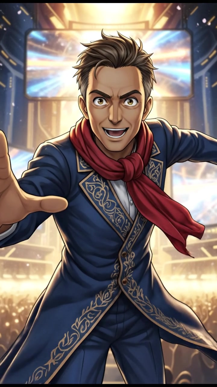 The Omar stands confidently on a stage, gesturing passionately towards an audience.