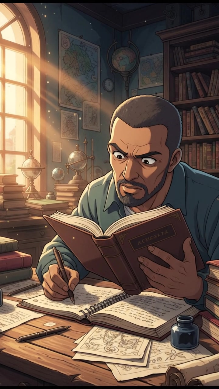 A close-up of the Kwame sitting at a wooden desk, reading through books and taking notes, surrounded by scattered papers.