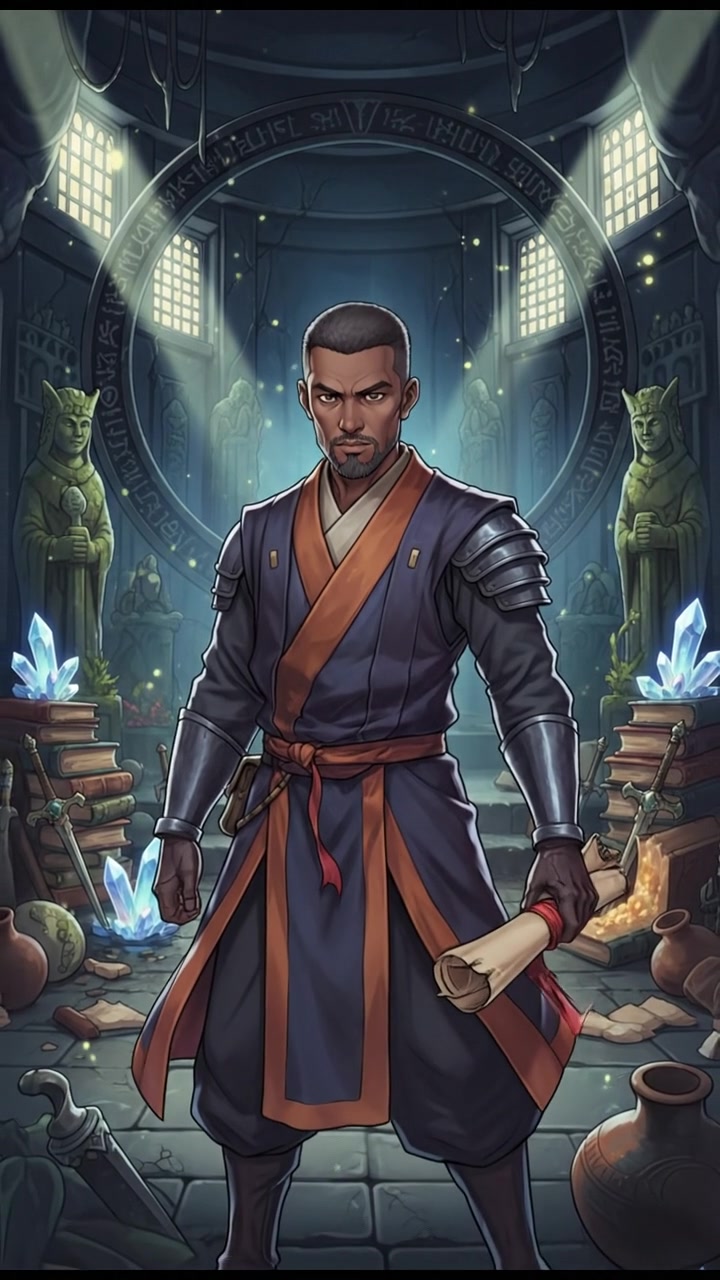 The Kwame stands in a dimly lit room, looking serious while holding a scroll, with ancient artifacts around him.