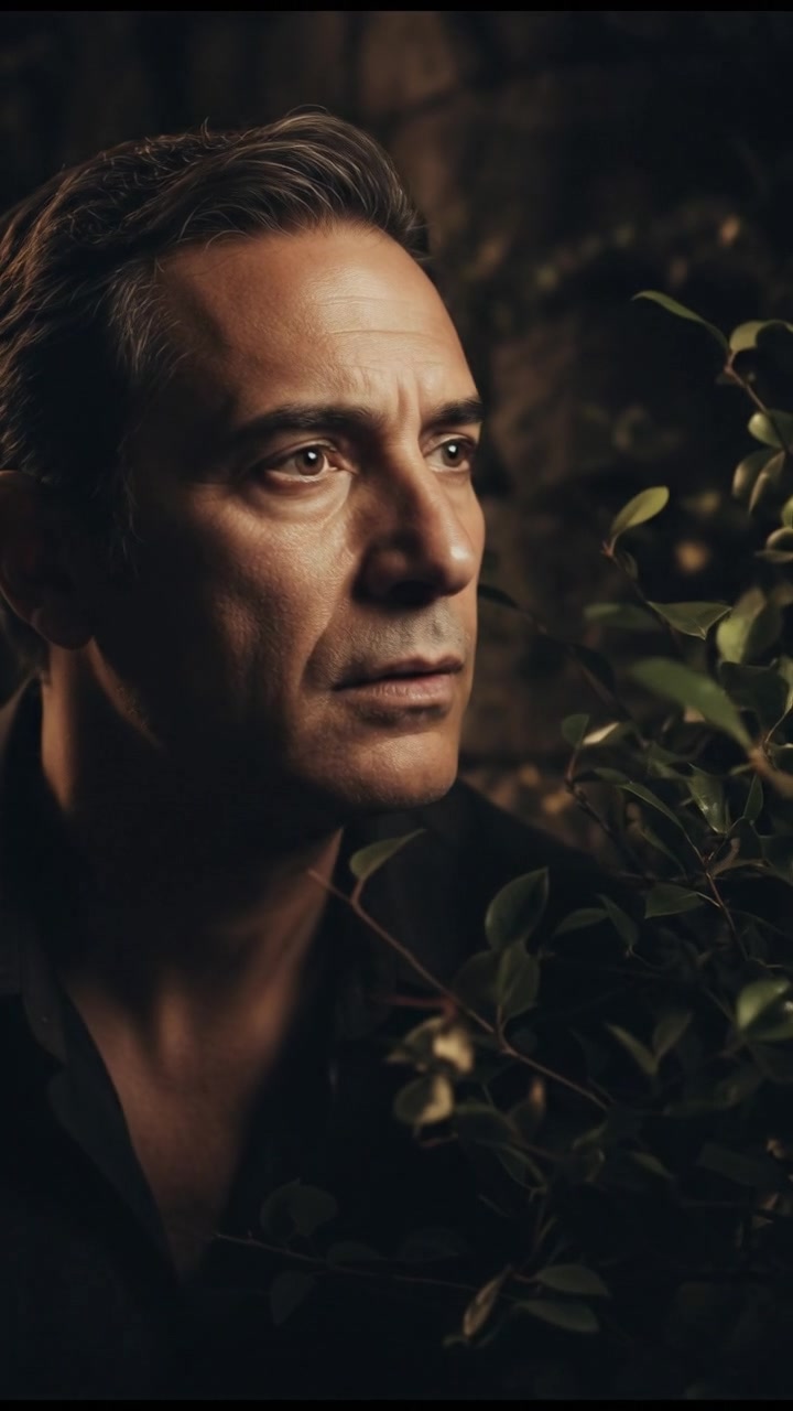 A close-up of Omar' face, showing his intrigued expression as he observes the bush.