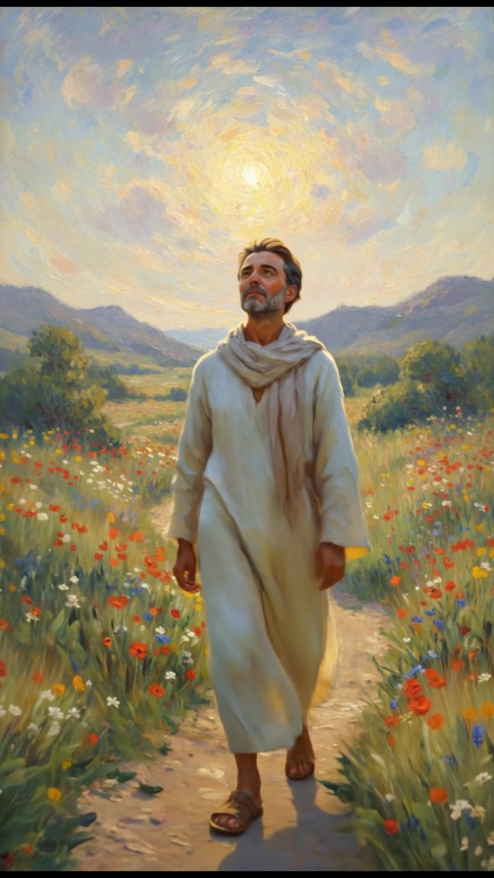 Omar walking through a sunlit valley, looking up at the sky with a thoughtful expression.