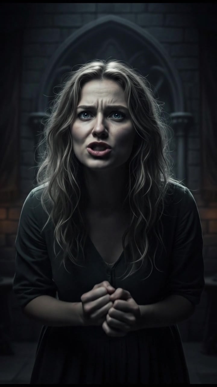 A shot of Ashley with her hands clenched, anxiety in her posture, as she speaks intensely.