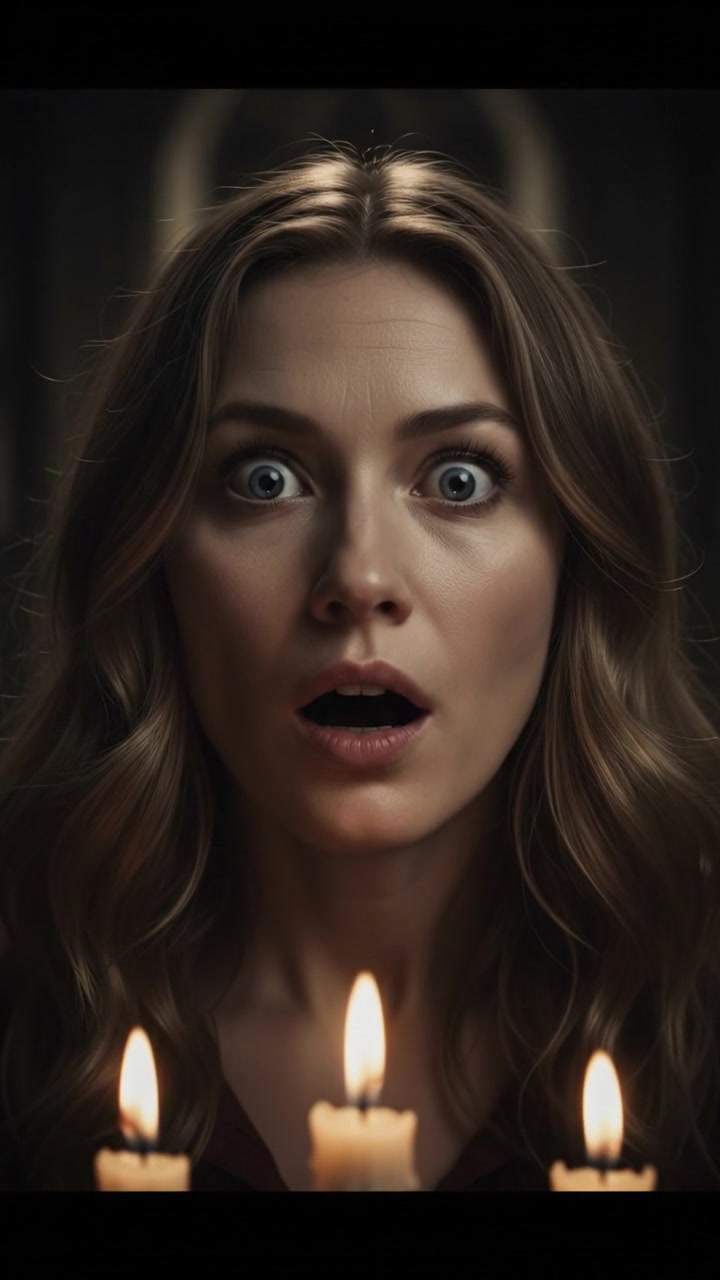 A close-up of Ashley's face showing her surprised expression with her mouth open, in a well-lit room.