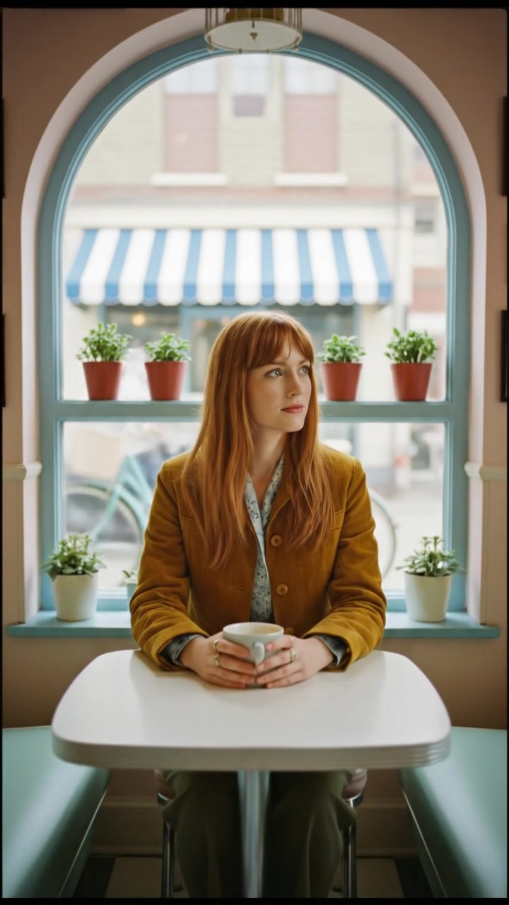 Emma sitting alone at a table in a café, staring out the window, lost in thought.