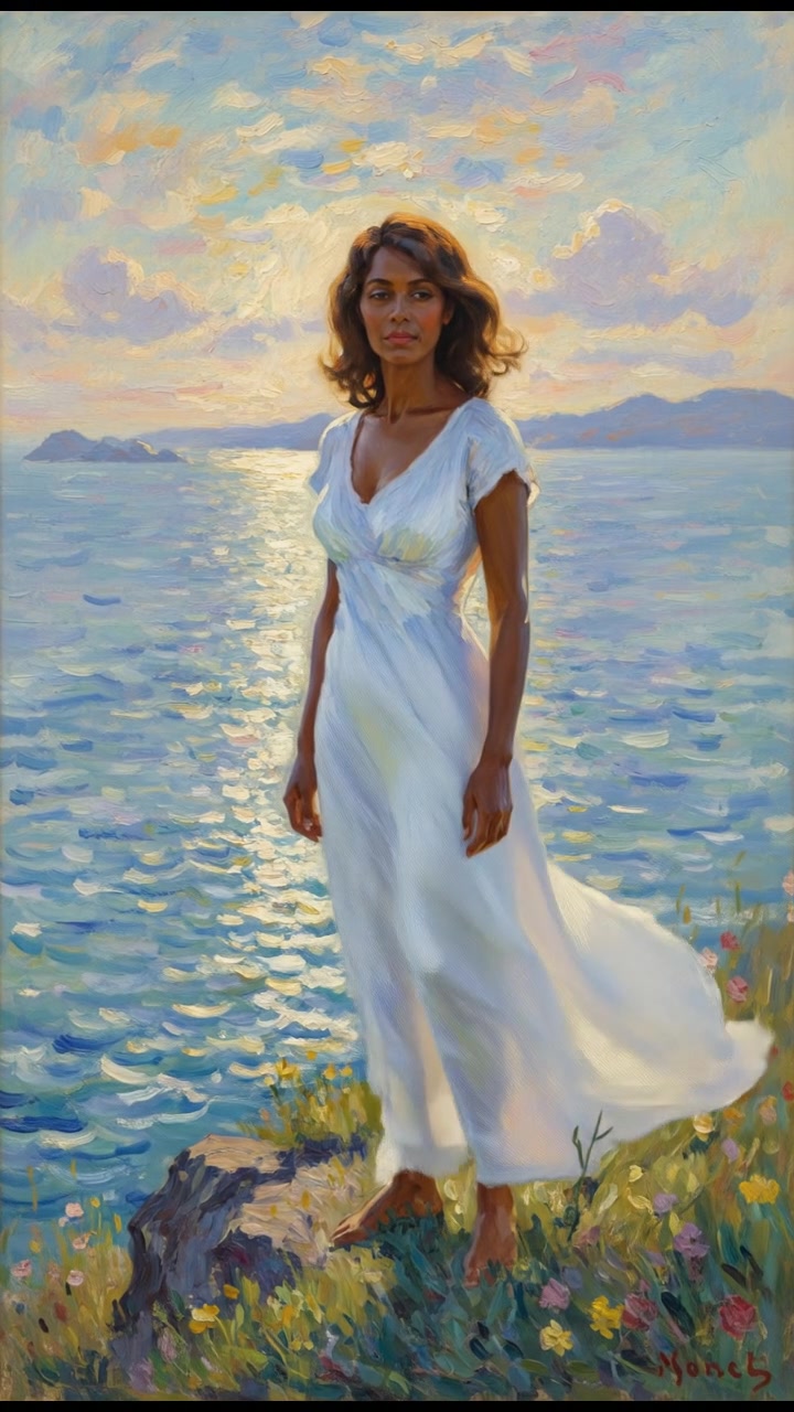 The woman standing confidently at the edge of a cliff overlooking a vast ocean.