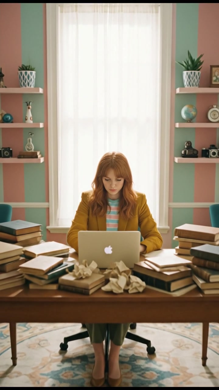 A young woman, Emma, sitting at a desk cluttered with papers and a laptop, looking focused and busy while typing.