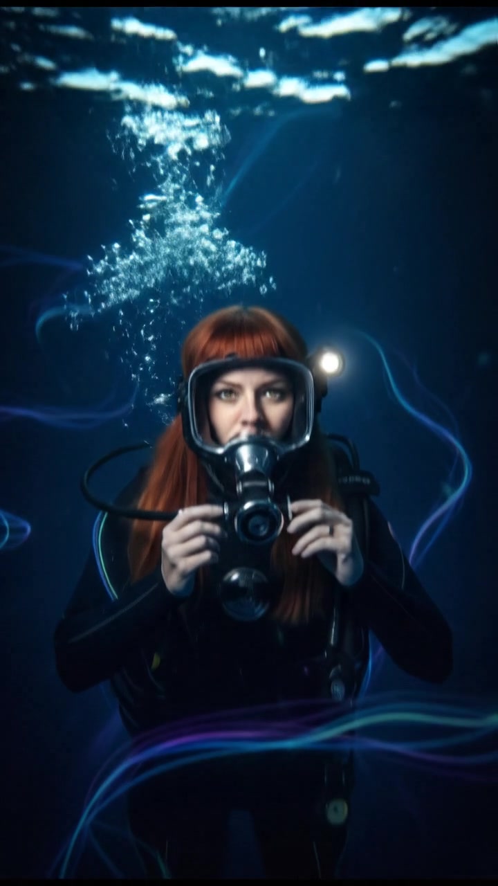 A close-up of Emma underwater, adjusting her diving equipment with a look of focus on her face.
