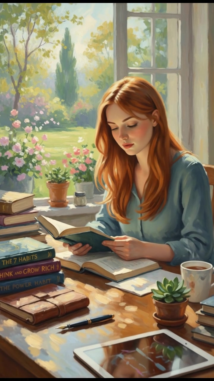 A desk filled with motivational business books and tools, with Emma studying intently.