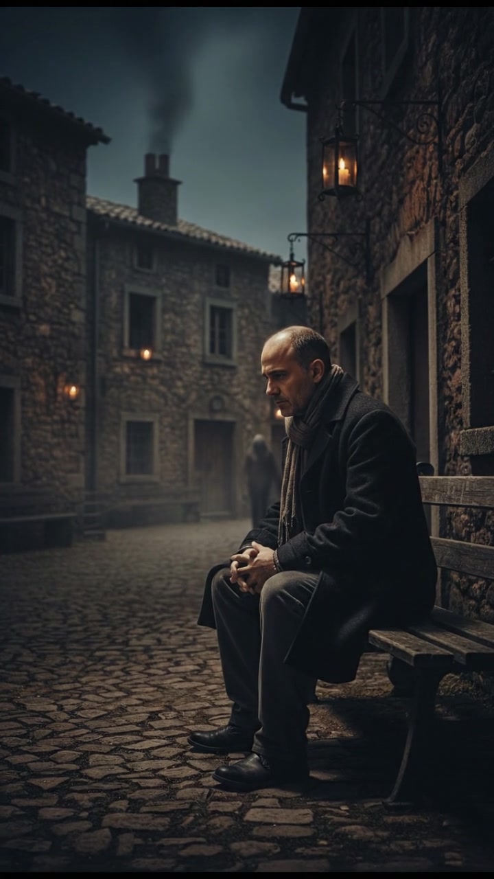 The Carlos sitting on a bench in the village square, looking contemplative.