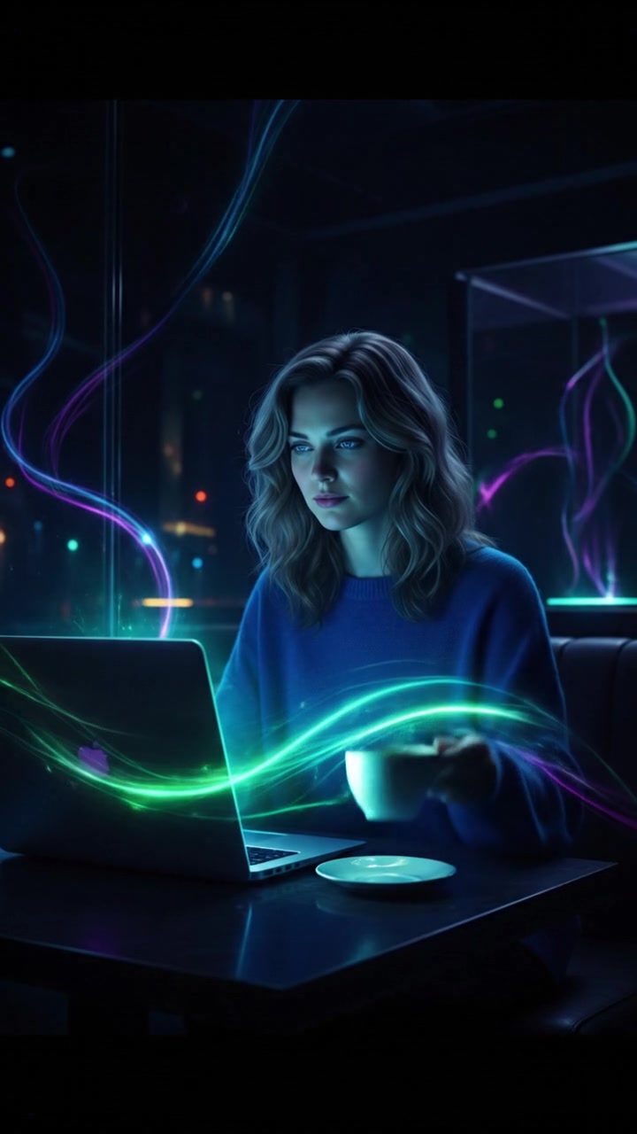 The Ashley sitting in a café, studying with her laptop open and a coffee cup beside her.