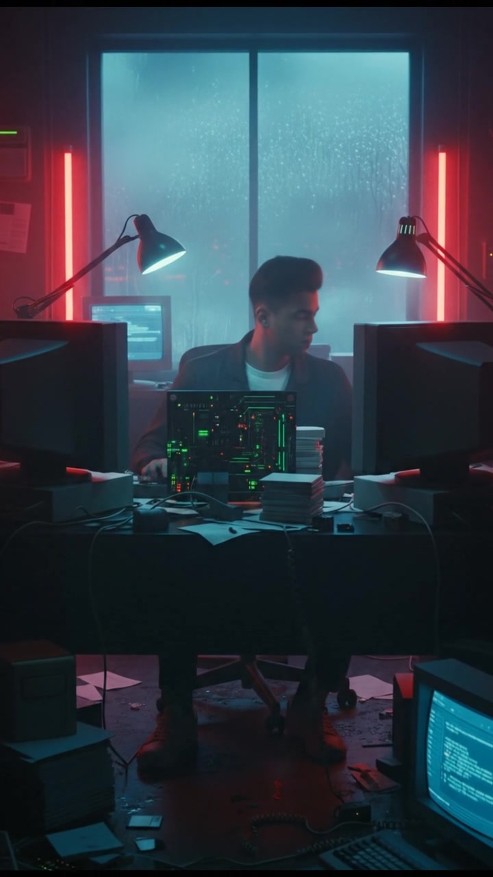 A young man, Arjun, working at a desk in the 1990s, surrounded by computer equipment and papers.