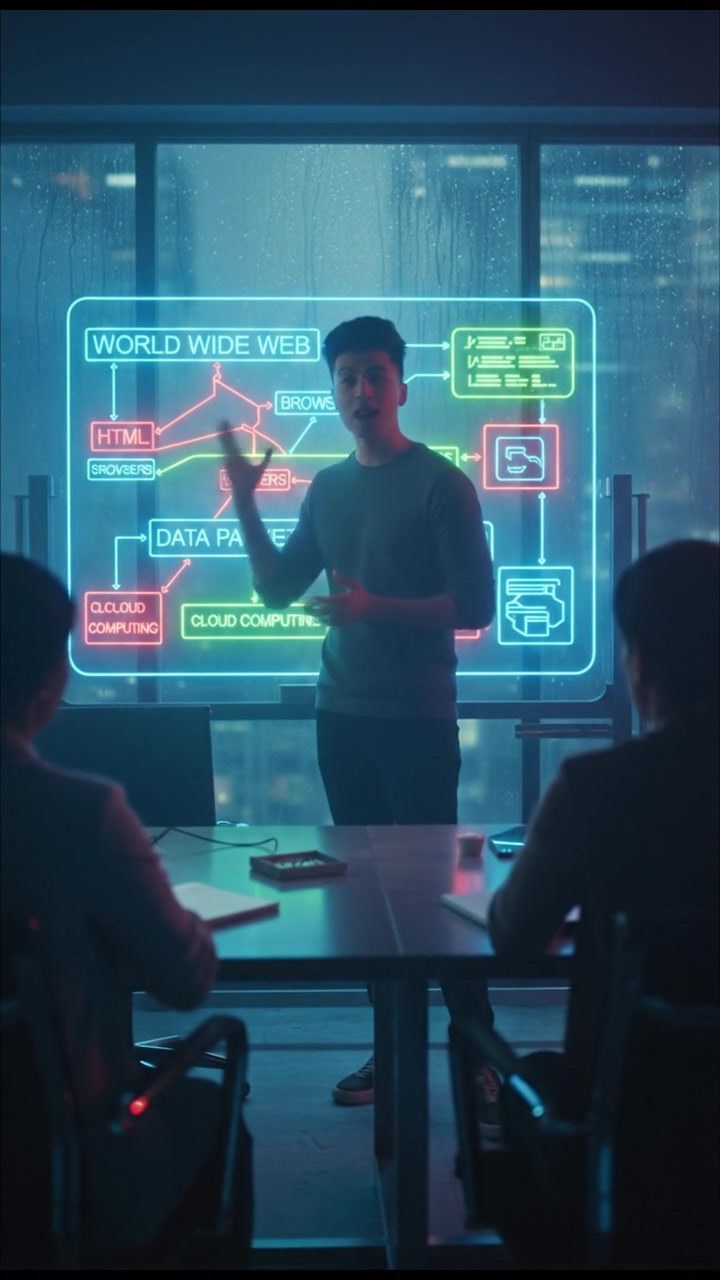 Arjun explaining the internet to a small group in a bright office, with a whiteboard in the background containing web concepts.