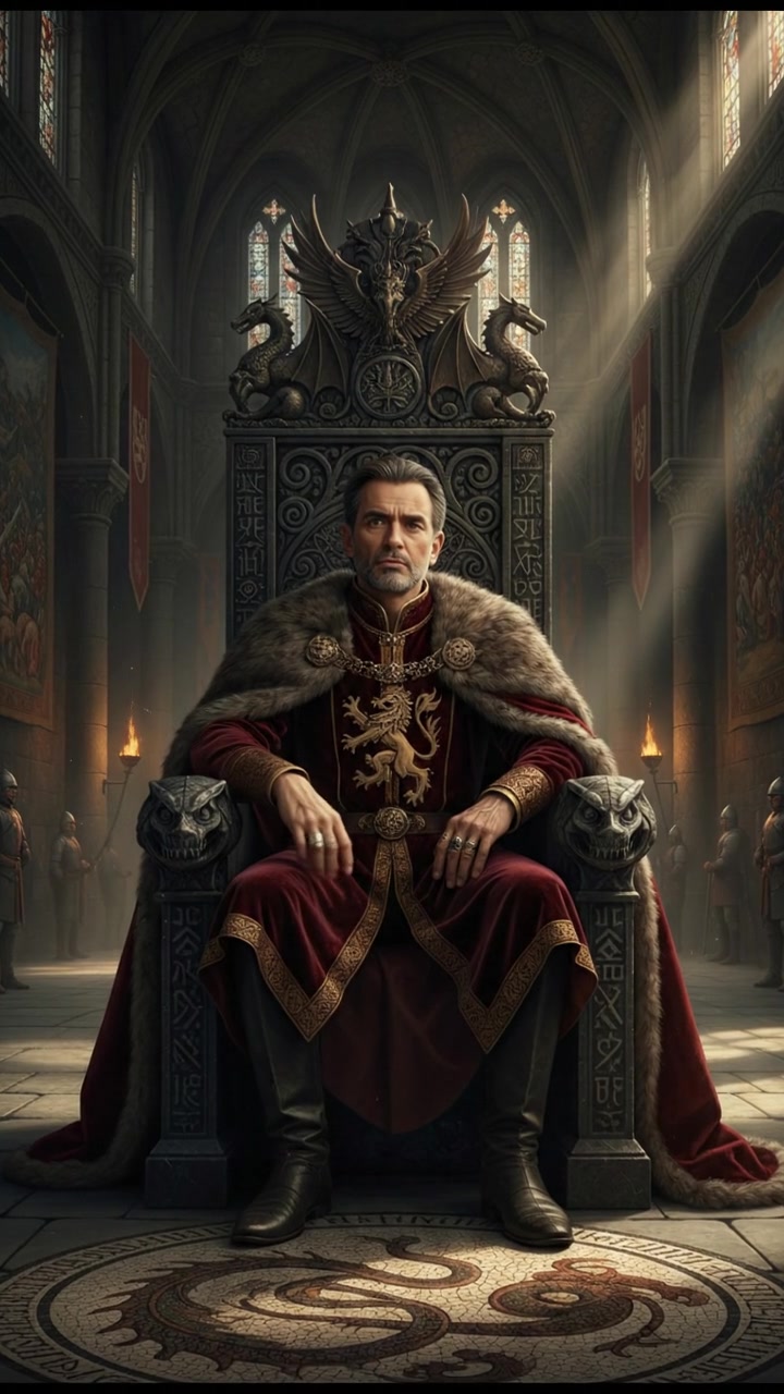 Omar sitting quietly on a carved throne in a grand hall, deep in thought.