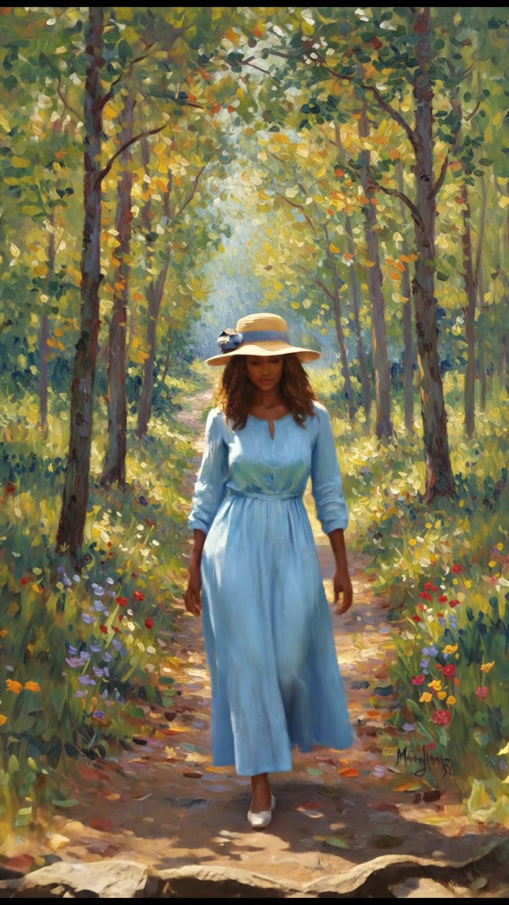 Monique walking along a winding forest path, surrounded by tall trees and dappled sunlight filtering through the leaves.