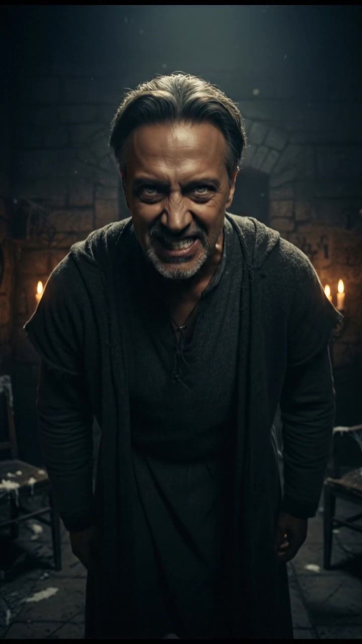 The Omar standing in a dimly lit room, his expression menacing as he hisses.