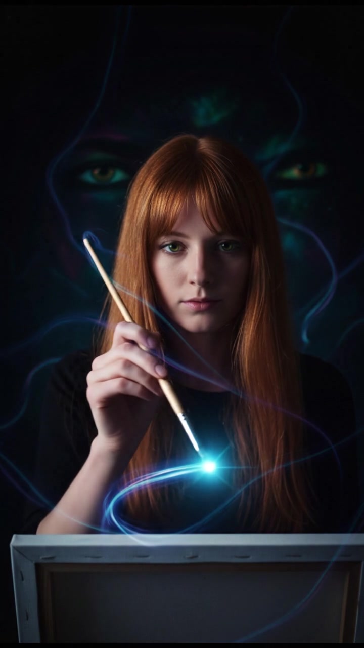 A close-up of Emma's hand holding a brush, poised above an empty canvas.