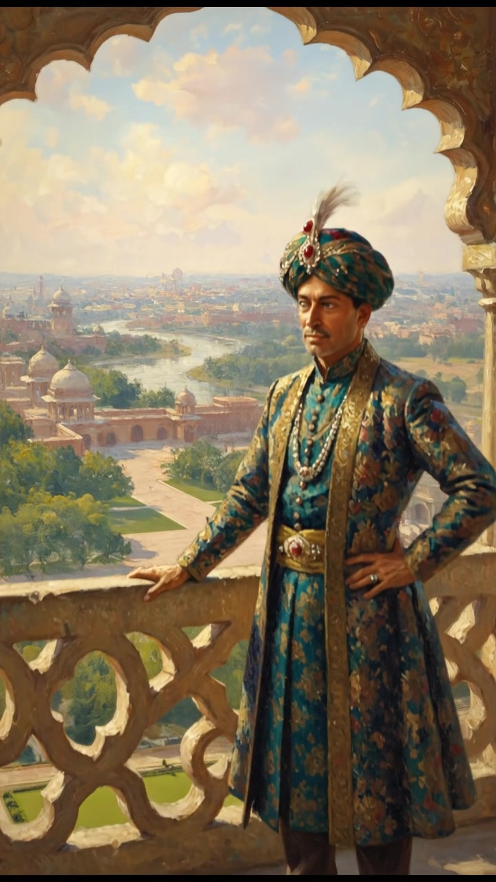 Omar in traditional Mughal attire, standing proudly on a balcony overlooking his empire.