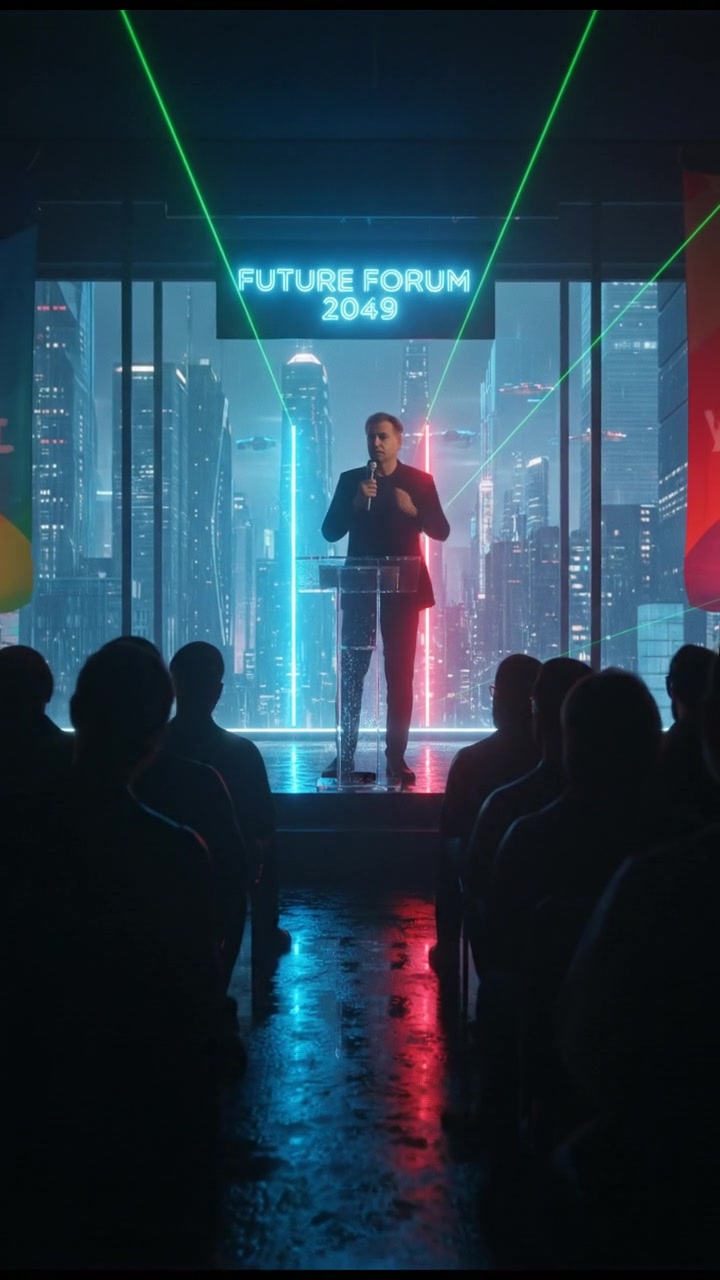 Omar speaking into a microphone at an event, with an audience listening attentively in the background.