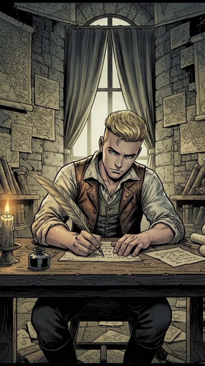 Ryan sitting at a large wooden desk, writing a letter with a quill in a room filled with historical maps.
