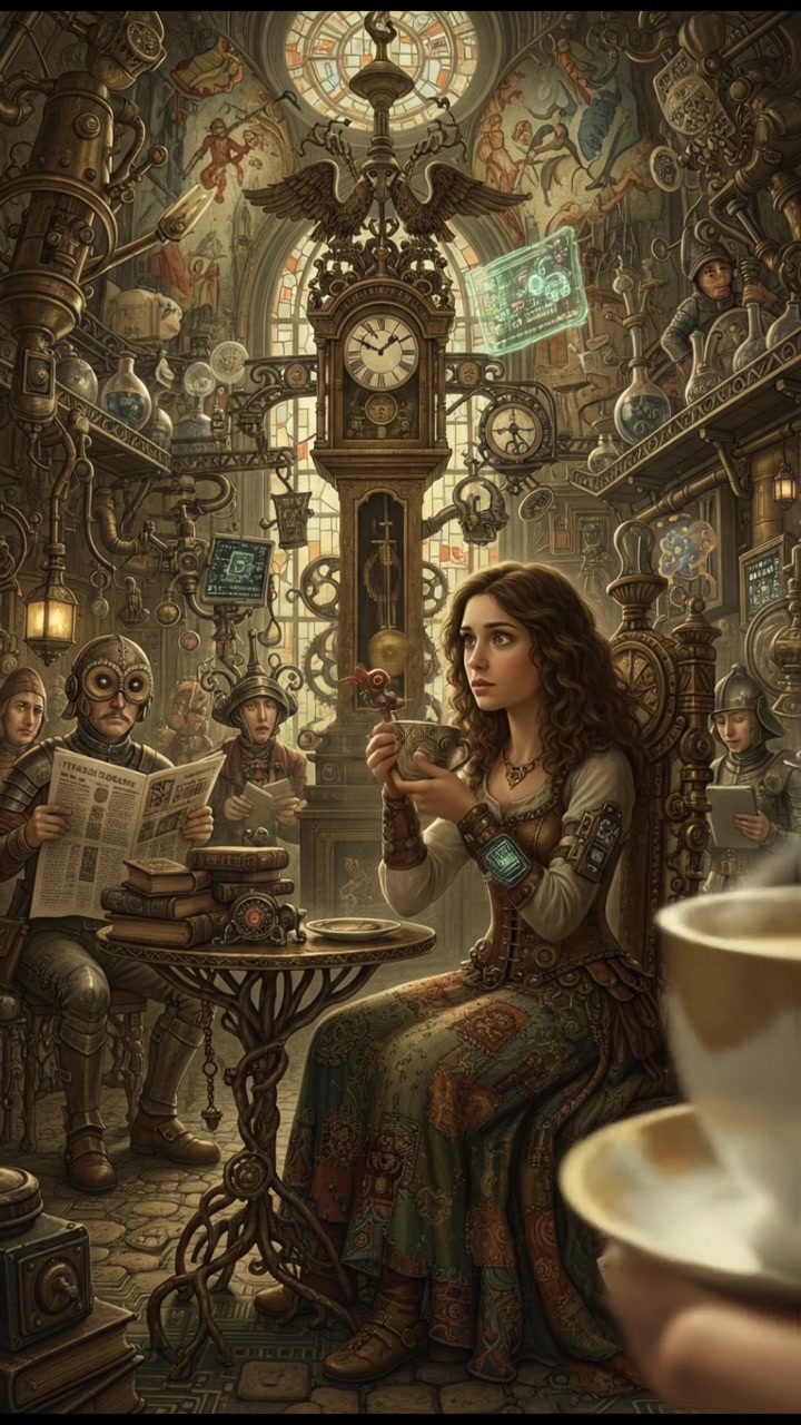 A café setting with a small table where Maya is sitting looking thoughtful, with a coffee cup in hand.