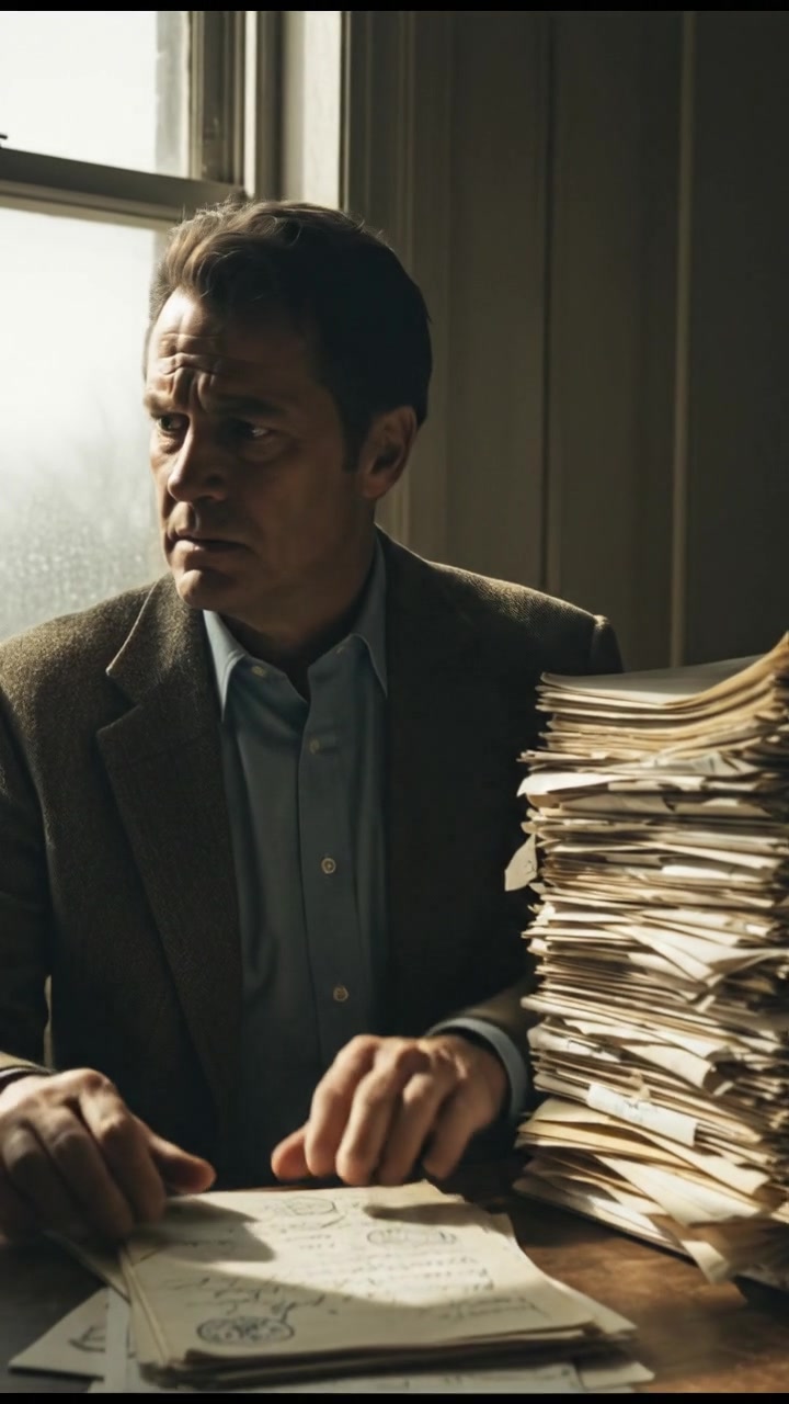 Mark sitting at a desk, looking at a stack of papers with a concerned expression.