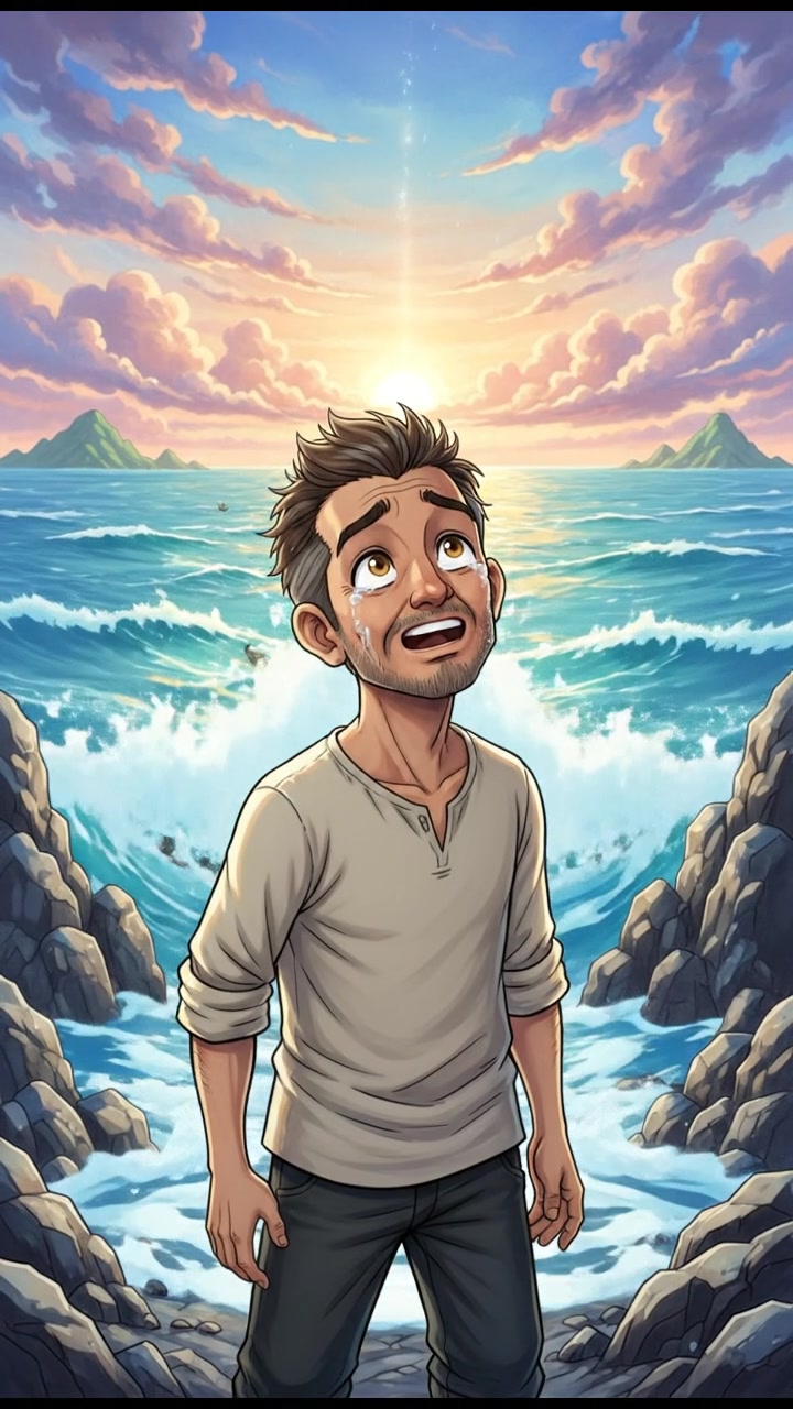 Omar standing on a rocky shore, looking relieved as waves crash nearby.