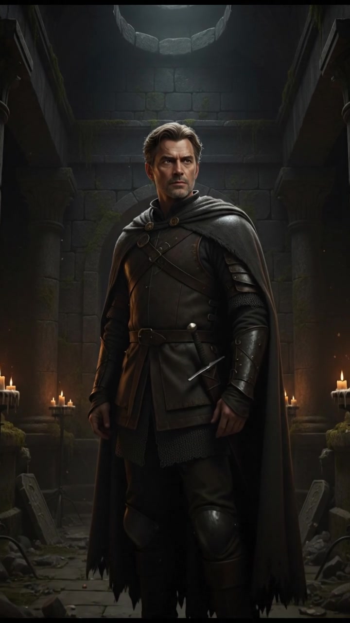 Mark stands in a dark, ominous chamber, staring defiantly at an unseen figure.