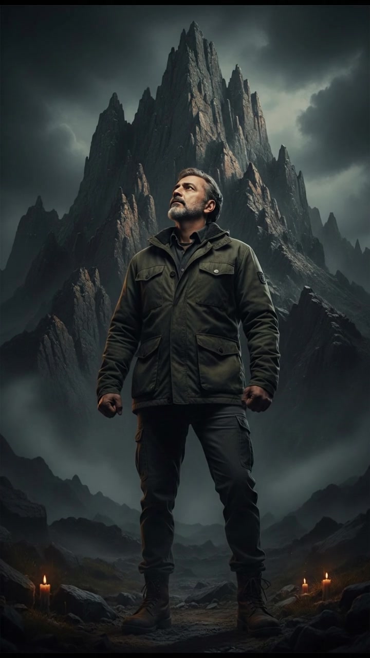 Raj stands determined at the base of a mountain, gazing up at its steep cliffs.