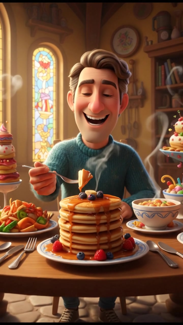 Mark sitting at a dining table filled with plates of food, smiling and enjoying his meal.