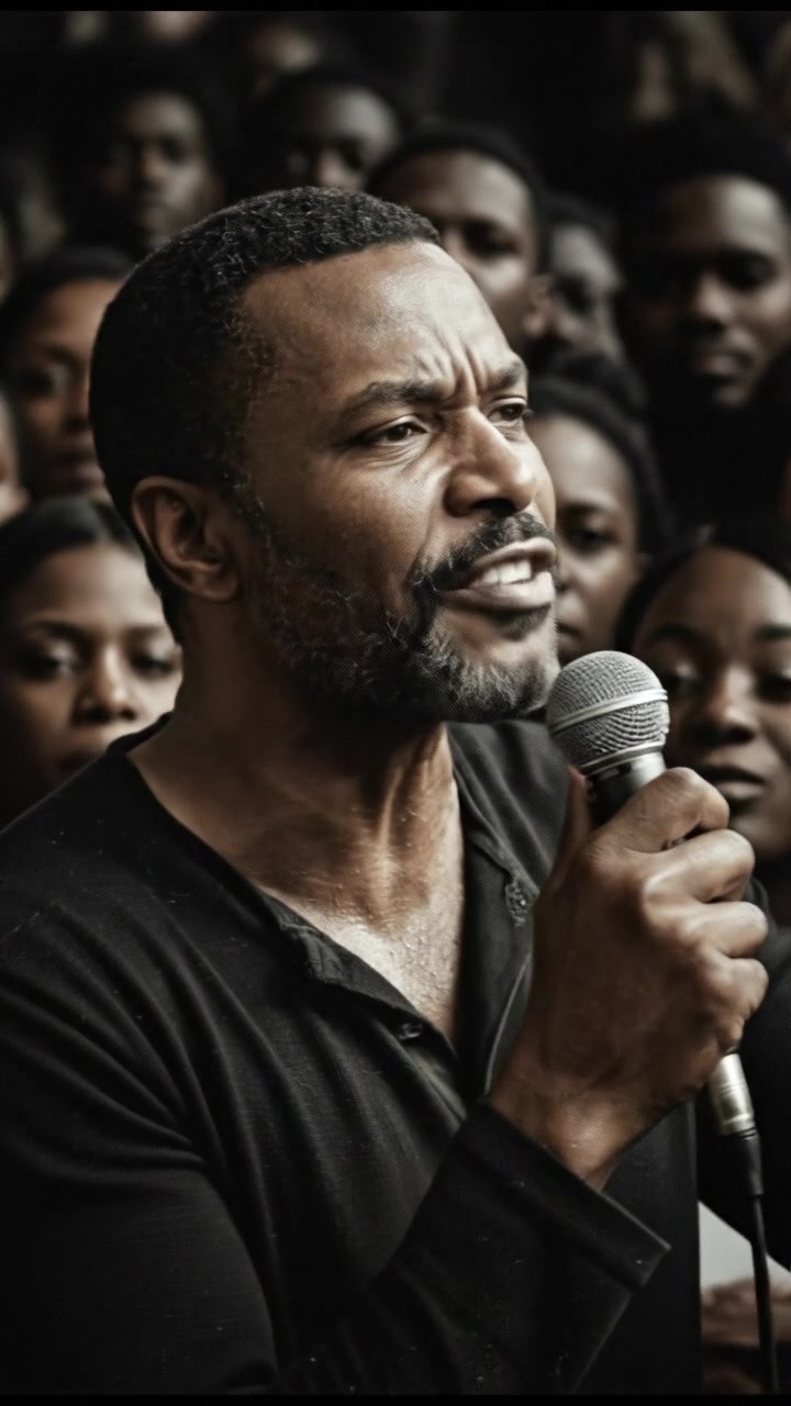 Close-up of Kwame speaking passionately into a microphone, surrounded by a crowd listening intently.