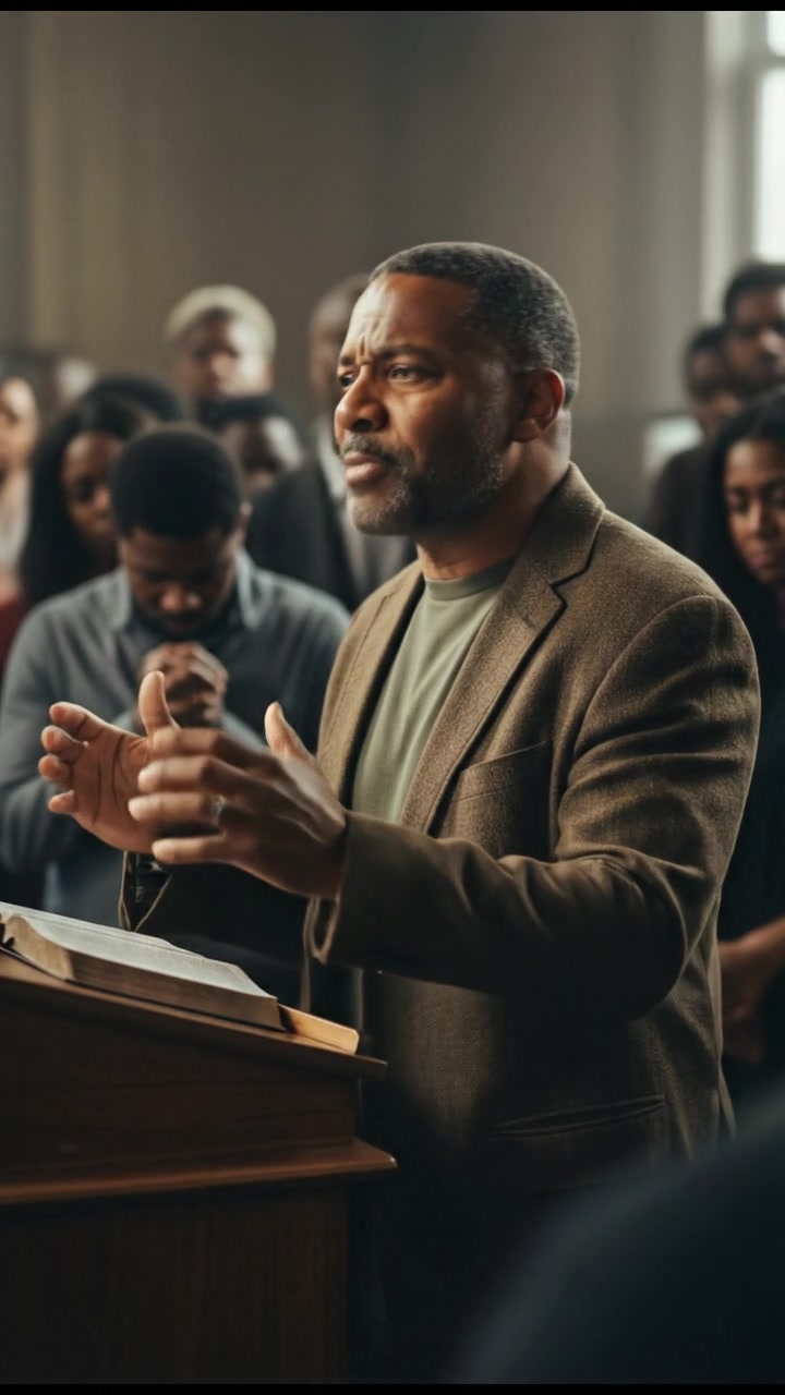 Kwame speaking passionately at a podium during a religious gathering, audience listening intently.