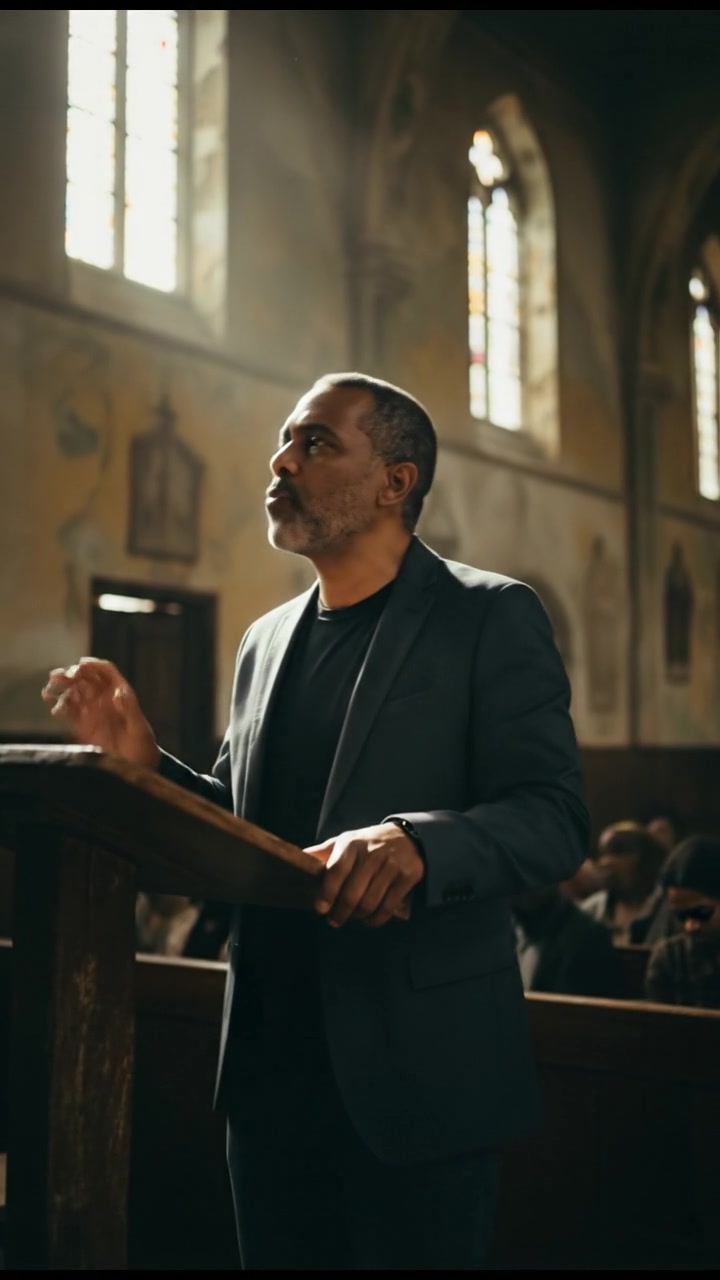 Kwame standing at a pulpit, passionately addressing an audience in a large church.