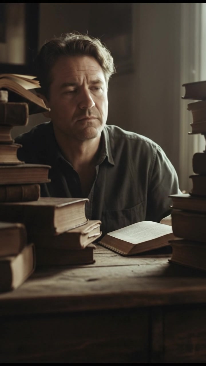 A close-up of the Mark, sitting at a wooden desk with a thoughtful expression, surrounded by stacks of books.